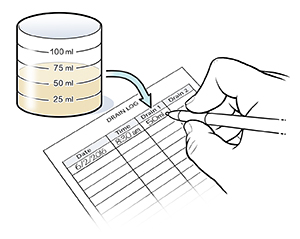 Closeup of hand writing fluid measurement information in log.