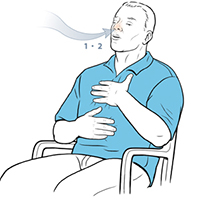 Hombre sentado en una silla inhalando por la nariz.